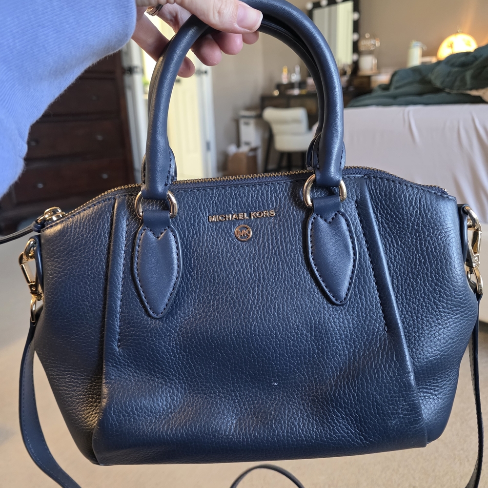 Michael Kors Dark Navy Pebbled Leather Satchel with Gold Hardware